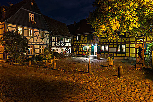 夜晚,老城,半木结构房屋,埃尔特维勒,莱茵,莱茵高地区,黑森州,德国,欧洲