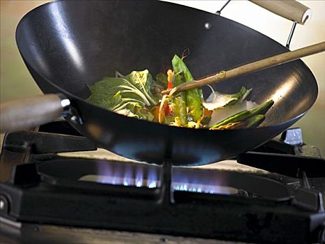 蔬菜,锅,上方,气体,火焰