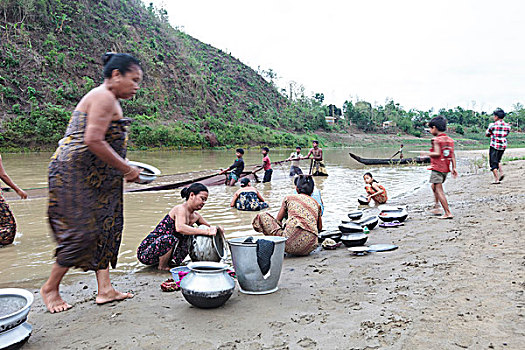 部族,男人,拽,渔网,女人,洗碗,河
