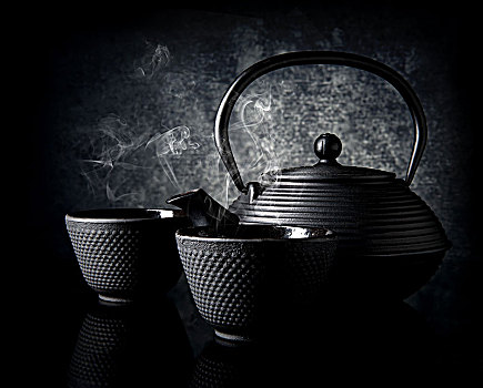 黑色,茶壶,小,杯子,黑色背景,背景