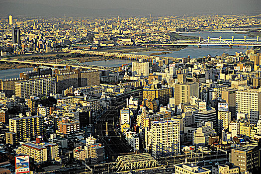日本,关西,大阪,俯视,全景,天际线