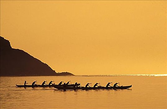 夏威夷,两个,舷外支架,独木舟,日落,静水,剪影