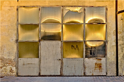 老,金属,玻璃,仓库,门,太阳,反射