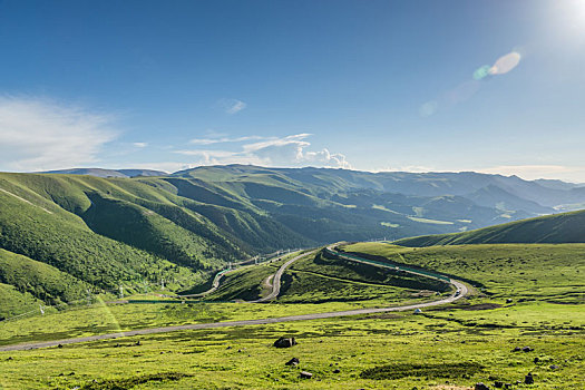 中国新疆夏季蓝天白云下g217独库公路沿途高山草原风光