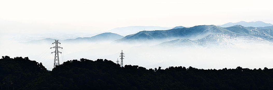 雾状,山,巴塞罗那,西班牙