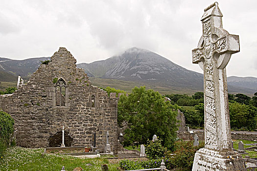 爱尔兰,梅奥县,遗址,墓地,教堂,神圣,山,风景,远景