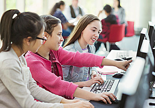 女孩,学生,学习,一起,电脑,图书馆