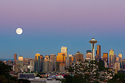 西雅图,天际线,风景,公园,满月