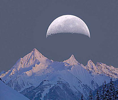 阿尔卑斯山,山,冬天,晚间,月亮