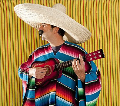 墨西哥人,男人,雨披,阔边帽,弹吉他