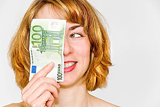 年轻,女人,看,欧元,货币,热情