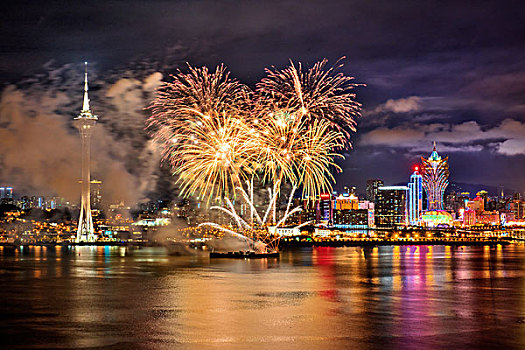 澳门,海面,夜景,灯光,烟花