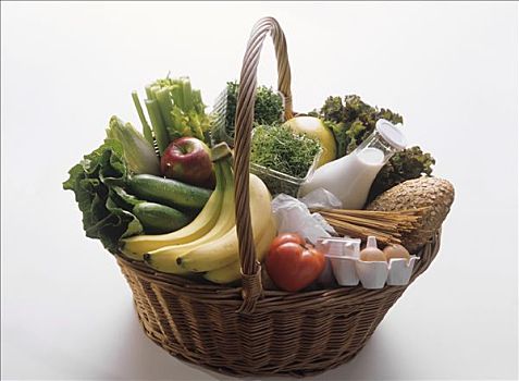 篮子,满,种类,农产品,蔬菜,水果,乳业,面包