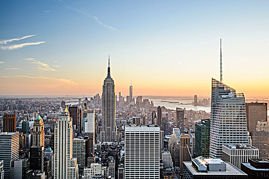 南,曼哈顿,天际线,帝国大厦,日落,眺望台,洛克菲勒中心,市中心,纽约,美国