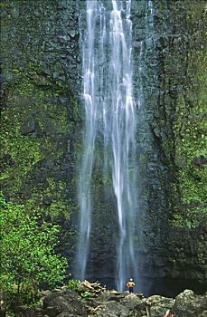 夏威夷,考艾岛,瀑布,人,岩石上