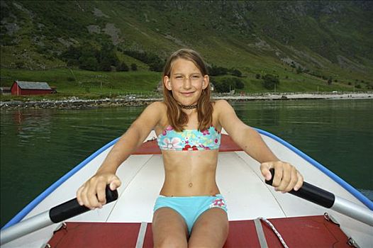 女孩,划船,挪威