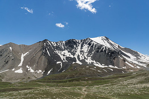 中国新疆夏季蓝天白云下g217独库公路沿途雪山草地