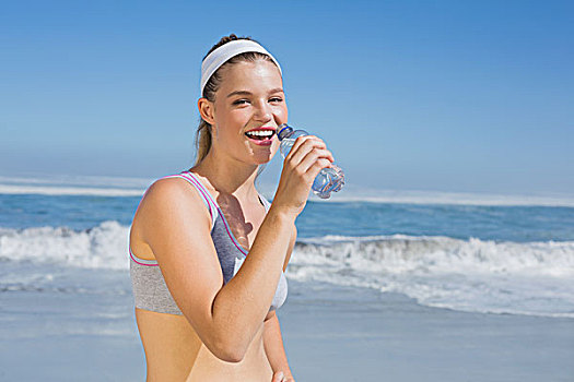 运动,高兴,金发,饮用水,海滩