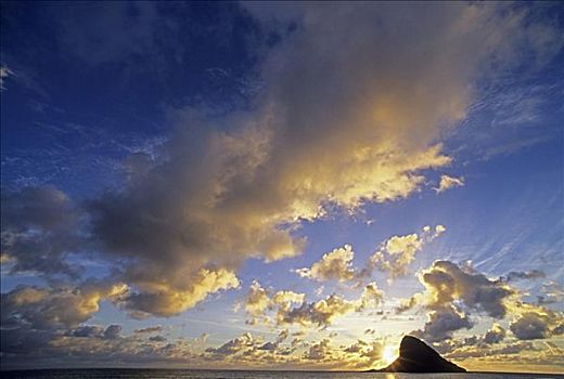 夏威夷,瓦胡岛,斗笠岛,多云,蓝天,上方,海洋,日落