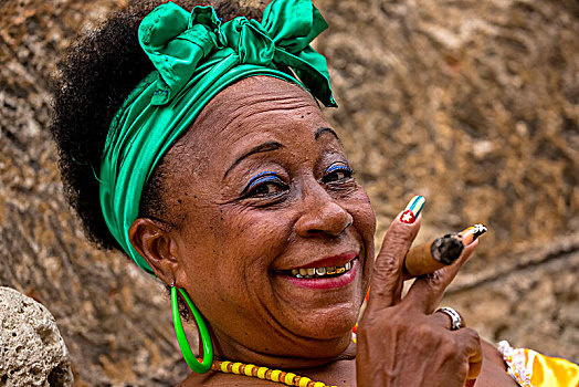 老,古巴,女人,绿色,发带,烟,哈瓦那,雪茄,加勒比,中美洲