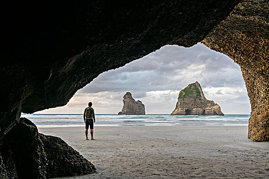 男人,凝视,两个,拱道,岛屿,海滩,地区,南岛,新西兰