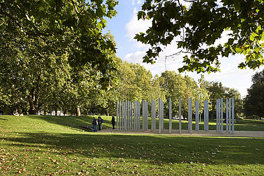 七月,纪念,海德公园,伦敦,英国,2009年,远处,风景,展示,人,站立,不锈钢,柱子,皇家,公园