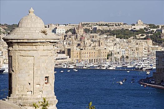 马耳他,瓦莱塔市,中世纪,建造,防御,墙壁,围绕,上方,格兰德港