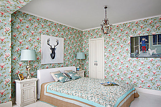 双人床,白色,床头板,花,仰视,头像,杜鹿,壁纸,乡村,卧室