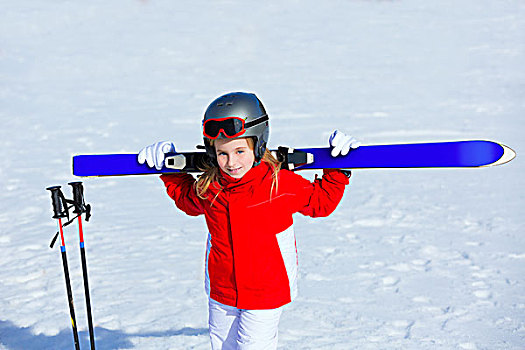 儿童,女孩,冬天,雪,拿着,滑雪装备,头盔,护目镜,杆
