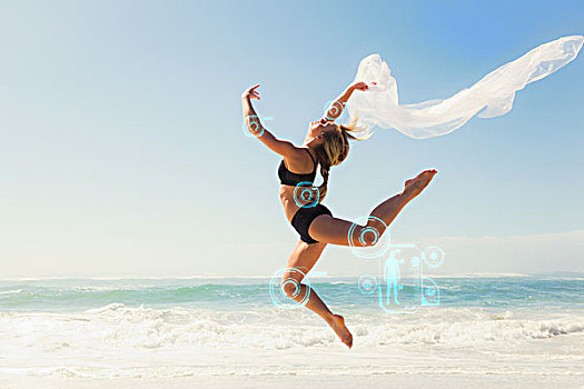 健身,金发,跳跃,雅致,围巾,海滩