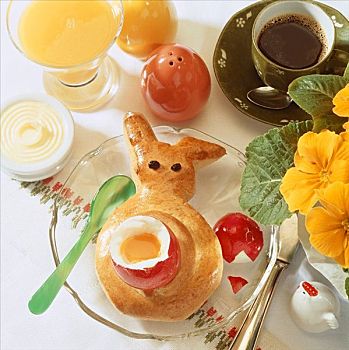 复活节早餐,半熟,蛋,烘制,兔子