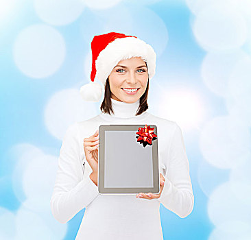 圣诞节,科技,礼物,人,概念,微笑,女人,圣诞老人,帽子,留白,显示屏,平板电脑,电脑,上方,蓝色,背景