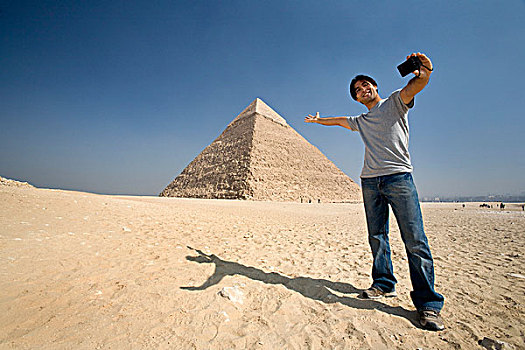 男人,拍照,金字塔,背景