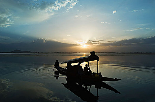 剪影,一个人,划船,斯利那加,查谟-克什米尔邦,印度