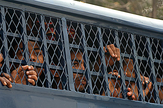 犯人,透视,格栅窗,监狱,达卡,孟加拉,二月,2006年