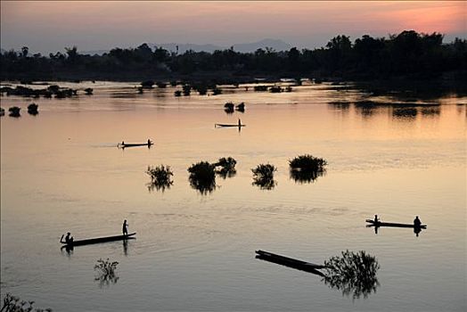 日落,捕鱼者,船,湄公河,老挝