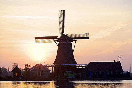 风车,日出,北荷兰,荷兰