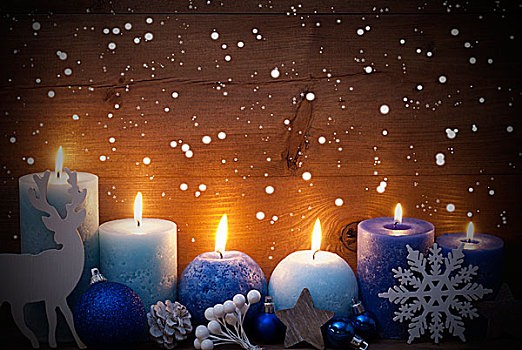 圣诞贺卡,蓝色,蜡烛,驯鹿,球,雪花
