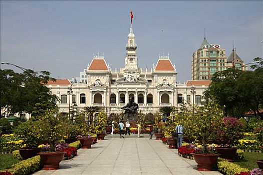 胡志明,雕塑,正面,市政厅,殖民地,胡志明市,西贡,越南,亚洲