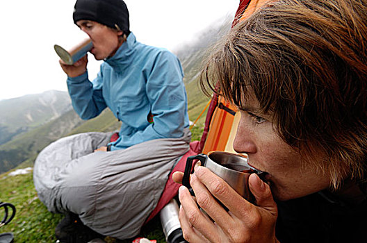 茶,喝,正面,帐蓬,山脉,提洛尔
