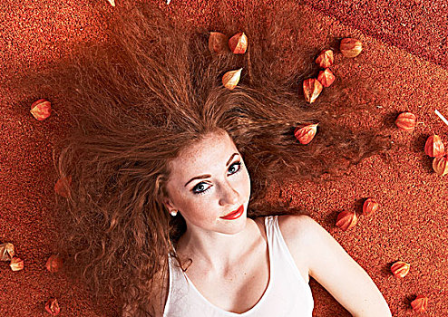 女孩,16岁,休息,地毯,头发,花,装饰