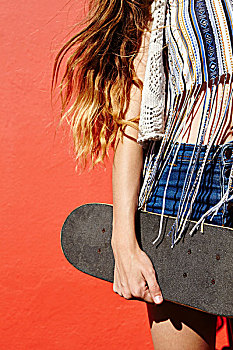少女,滑板,红墙,背景