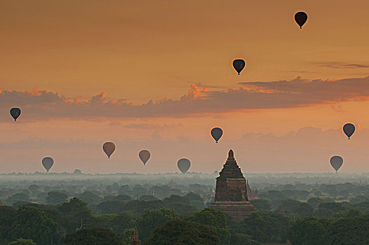 热气球,上方,朴素,蒲甘,模糊,早晨,缅甸