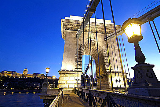 匈牙利,布达佩斯,桥,特写,光亮,晚间,欧洲,中欧,城市,首都,高架桥,建筑,建造,建筑师,亚当,地标建筑,景象,背景