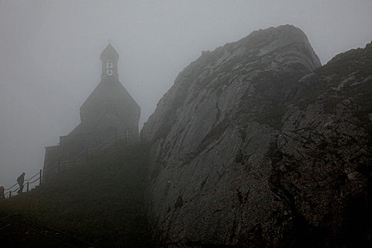 登山,小教堂,雾
