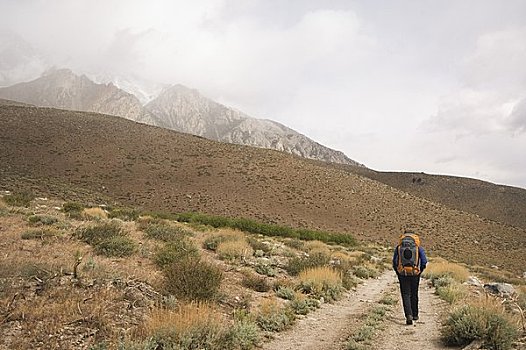 男人,背包旅行,湖,小路,印尤国家森林,加利福尼亚,美国