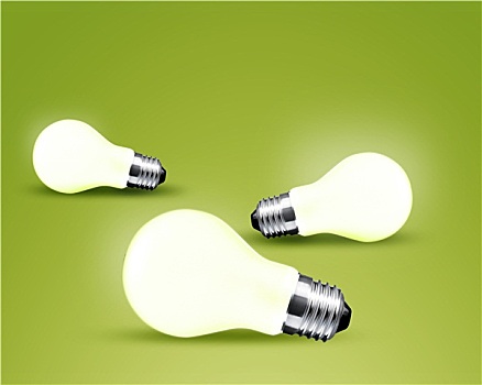 三个,发光,电灯泡,概念,绿色背景