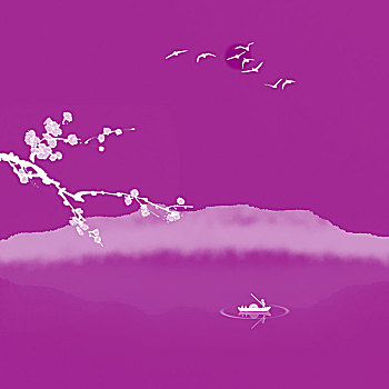 紫色中国风水墨山水画