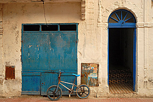 自行车,正面,建筑,蓝色,大门,苏维拉,摩洛哥,非洲