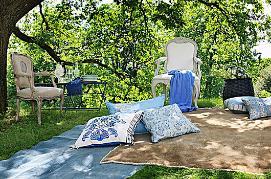 时髦,野餐,区域,淡色调,蓝色,米色,邀请,垫子,毯子,洛可可风格,椅子,靠近,花园桌